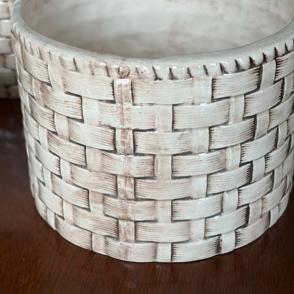 Vintage Set of 4 Faux Basket Weave Ceramic Planters Cachepots Farmhouse Rustic - Picture 5 of 11
